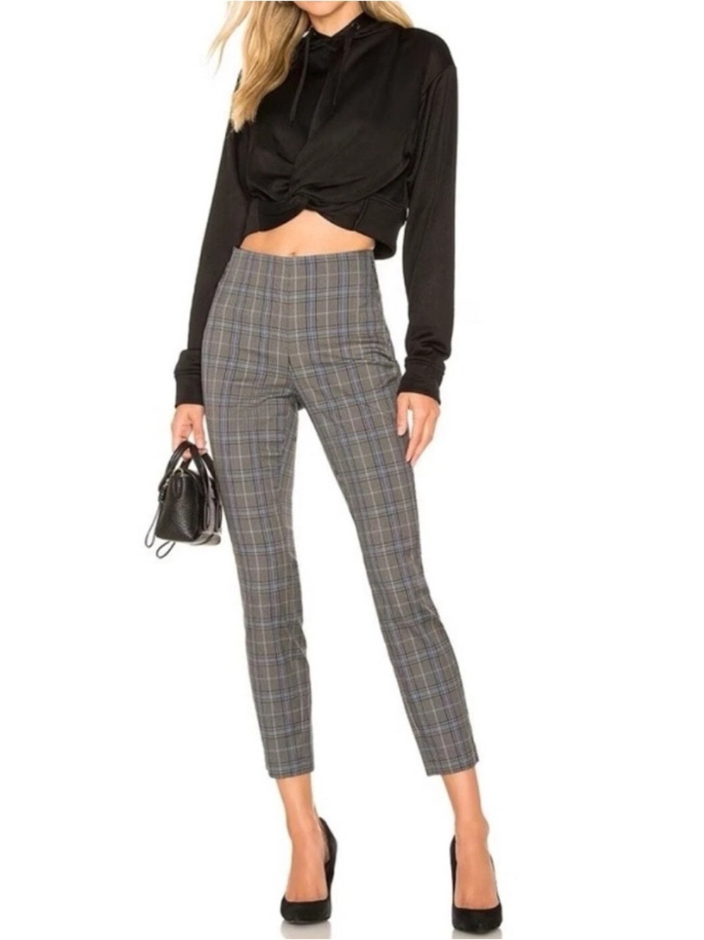 Rag & Bone Simone Pant - Slim Ankle Trousers Grey & Blue Plaid Check